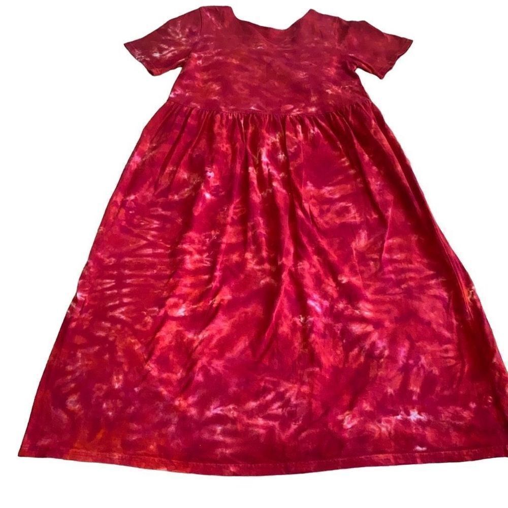 Cotton T-Shirt Dress With Pockets- Handmade Tie-dye- Shades Of Red-GUC- Medium - Picture 2 of 5